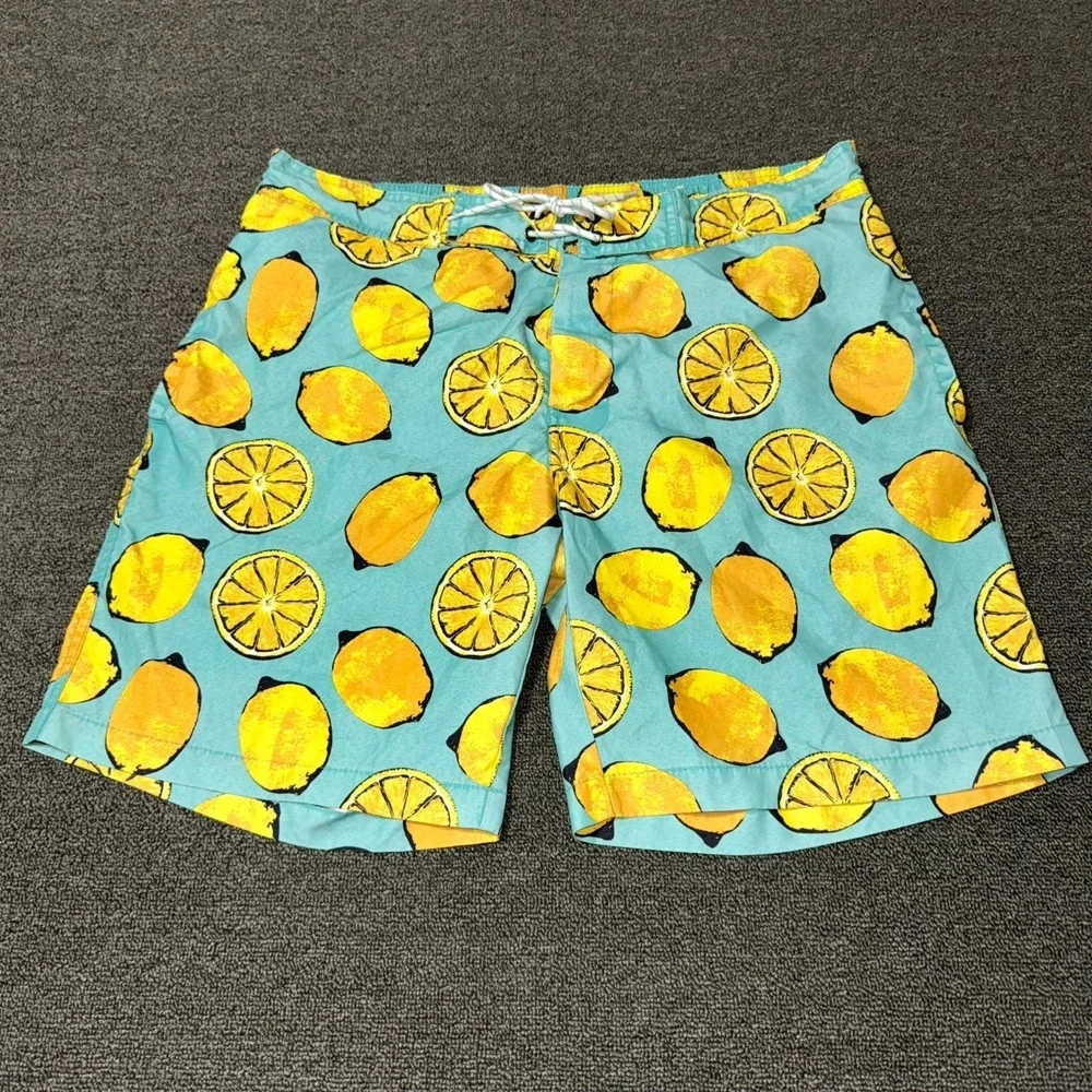 St. John's Bay Swim Shorts Mens XL Blue Yellow Allover Lemon Print Swimwear